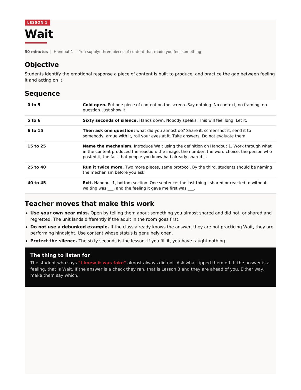 Sample lesson plan page from the WATER Check Teacher Guide with minute by minute timing