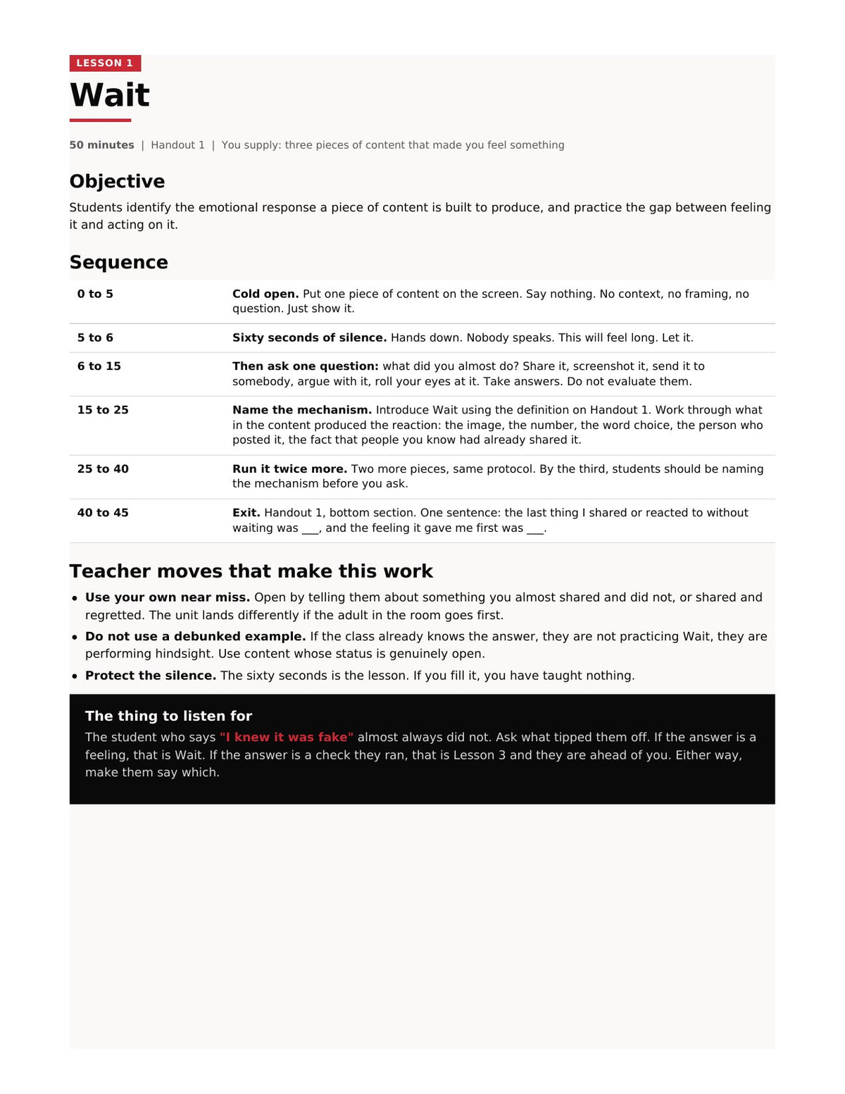 Sample lesson plan page from the WATER Check Teacher Guide with minute by minute timing